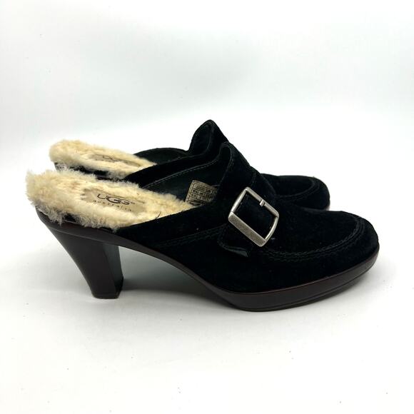 UGG Isabella Black Suede and Shearling Heeled Clogs Women's 6.5 US - Picture 3 of 9